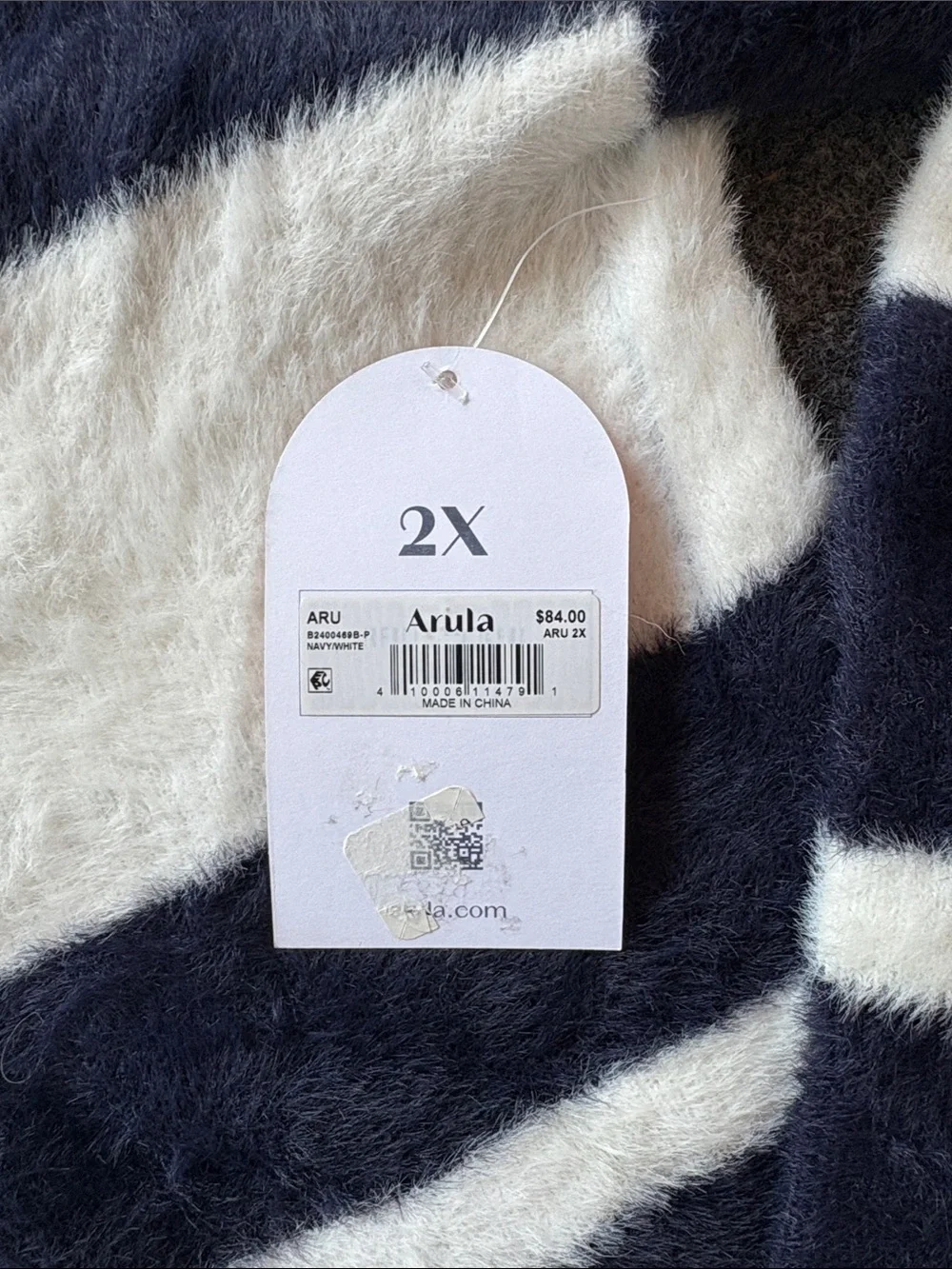 ARULA Navy and Cream Fuzzy Knit Sweater - Striped - Size 2X